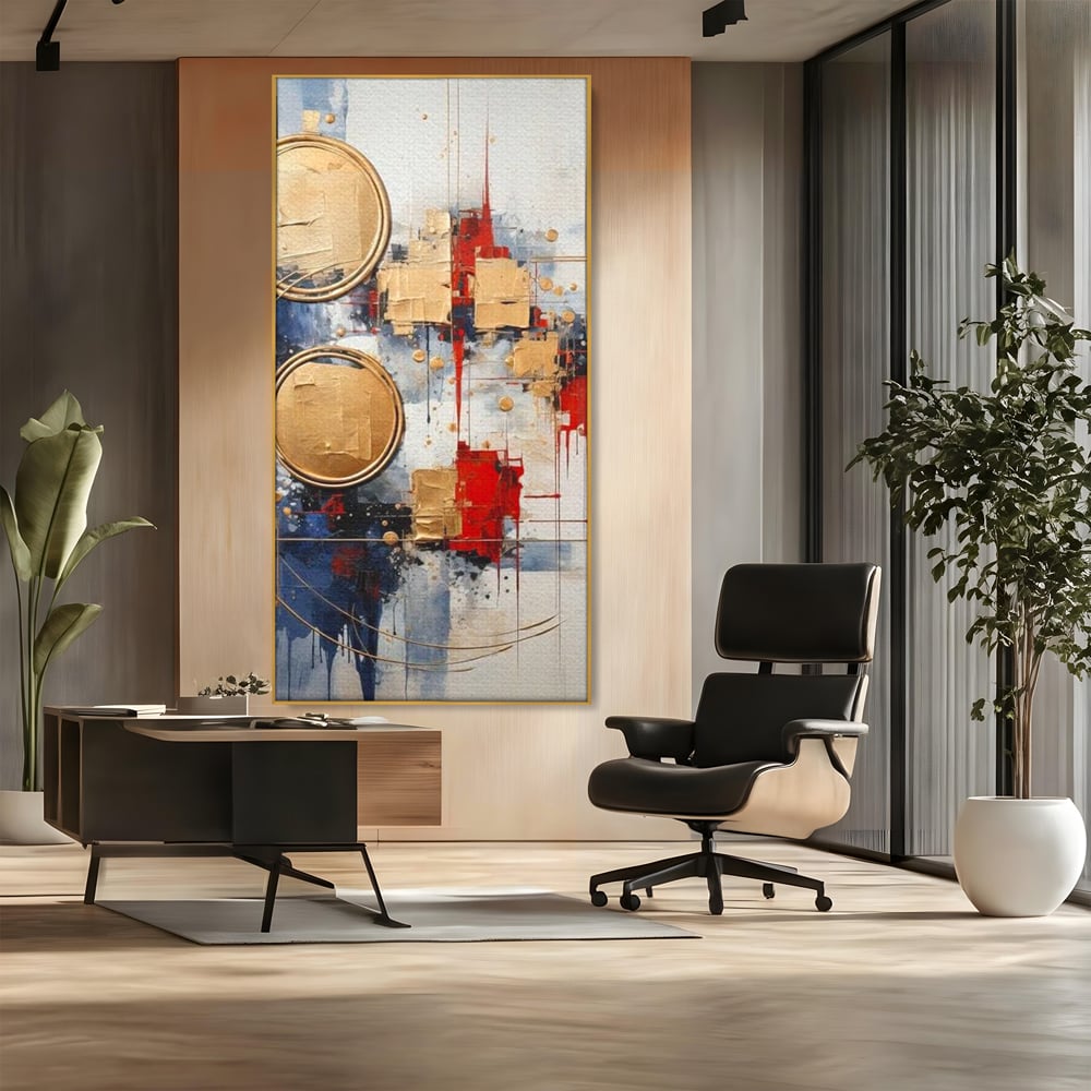 Tablou canvas cu tablou abstract cu cercuri aurii, in rama de aluminiu auriu, pe perete intr-un birou